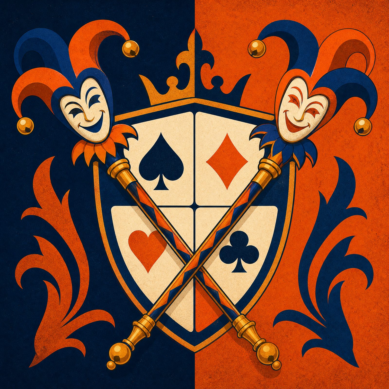 Court of Jesters artwork — a heraldic crest with crossed jester sceptres over a shield of card suits