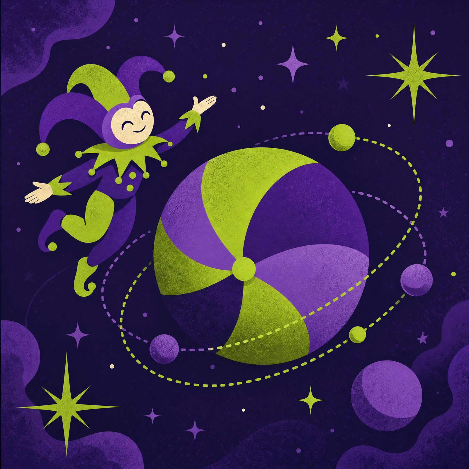 Fool's Orbit artwork — a smiling jester floating in space near a purple and green striped planet