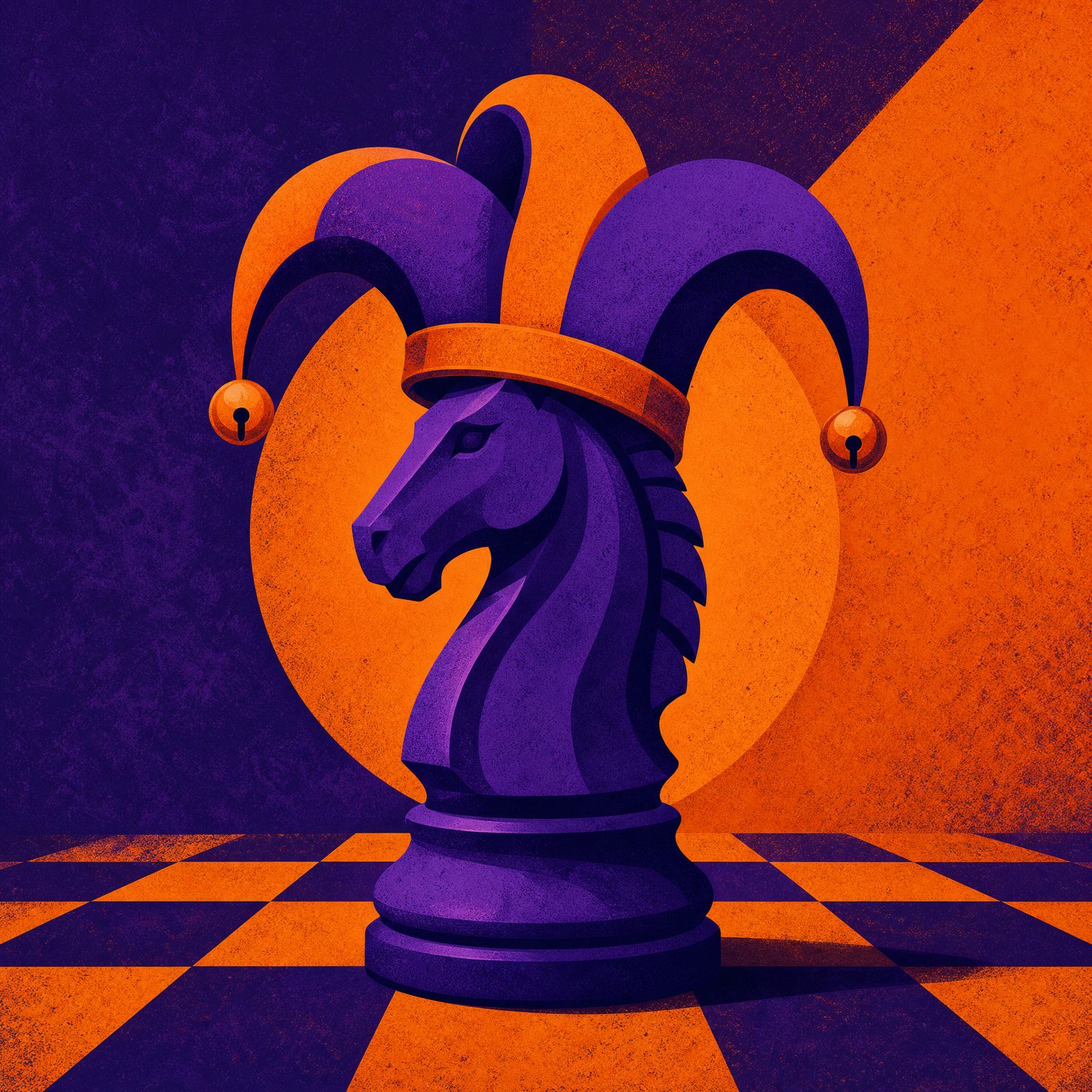 Joker's Gambit artwork — a purple chess knight wearing an orange and purple jester hat on a checkered floor