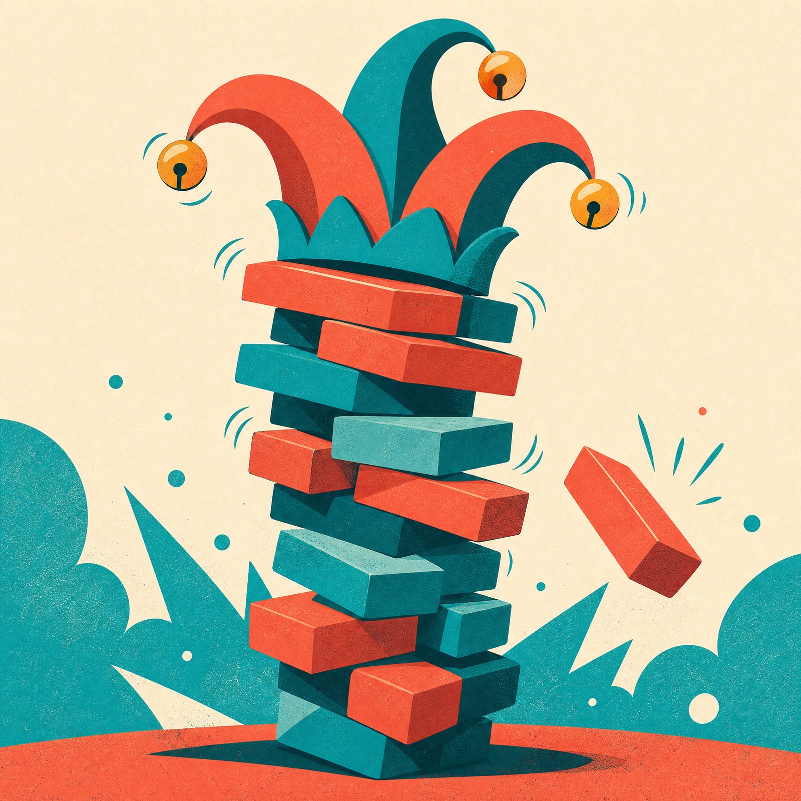 The Laughing Stack artwork — a teetering tower of red and teal blocks wearing a jester hat